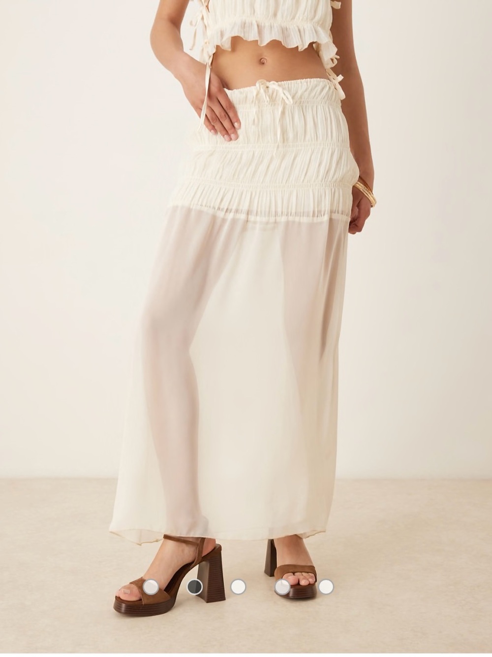 SNDYS shirred detail sheer hem maxi skirt in cream